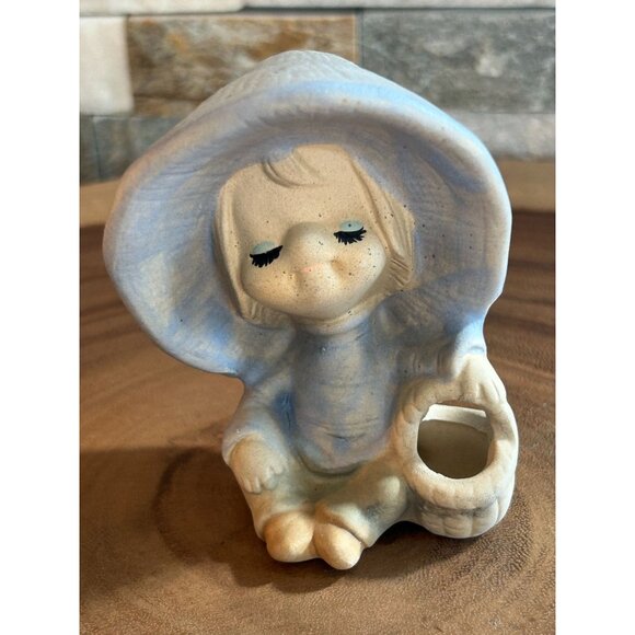 Vintage UCTCI Stoneware Girl With Umbrella Hat & Basket Figurine - Picture 1 of 9